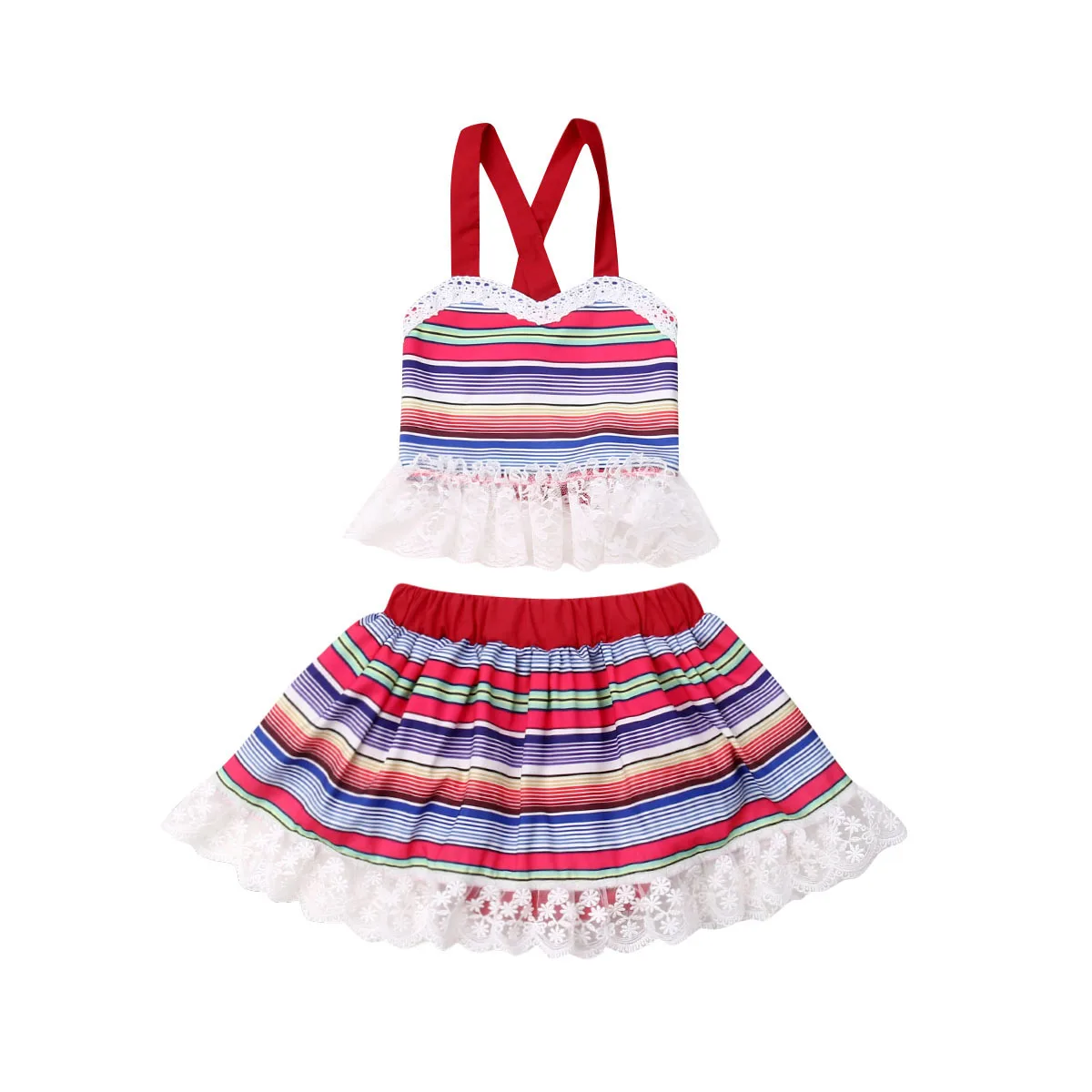 

New Summer Baby Girl Stripe Clothes Toddler Kids Sleeveless Lace Boho Tops Skirts Outfit