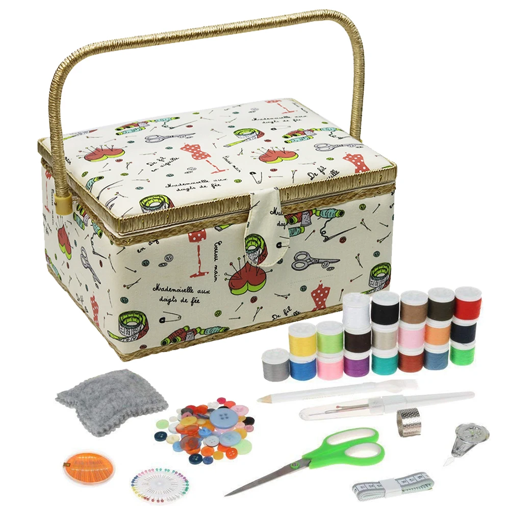 

Wood&Fabric Craft Sewing Basket with Kit Accessories Vintage Organize Box for Mom Grandma Girl Women Hobbyist Gift