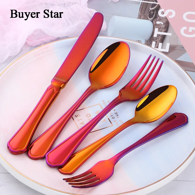 

30Pcs/set Stainless Steel Heavy Cutlery Set Dinnerware Tableware Silverware Sets Rainbow Dinner Knife Fork Spoon Drop Shipping
