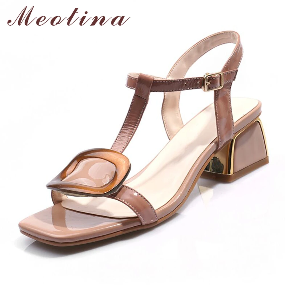 Meotina الصيف أحذية النساء الصنادل الطبيعي جلد طبيعي كتلة عالية الكعب أحذية جلد البقر مشبك T-حزام الصنادل الإناث 3-9