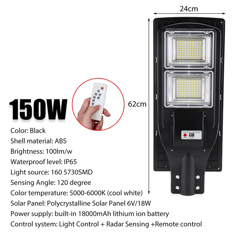 

150W Solar Street Lamp 160Leds Wall Lights+Radar Sensing+Remote Control Solar Light Waterproof For Street Home Garden Outdoor