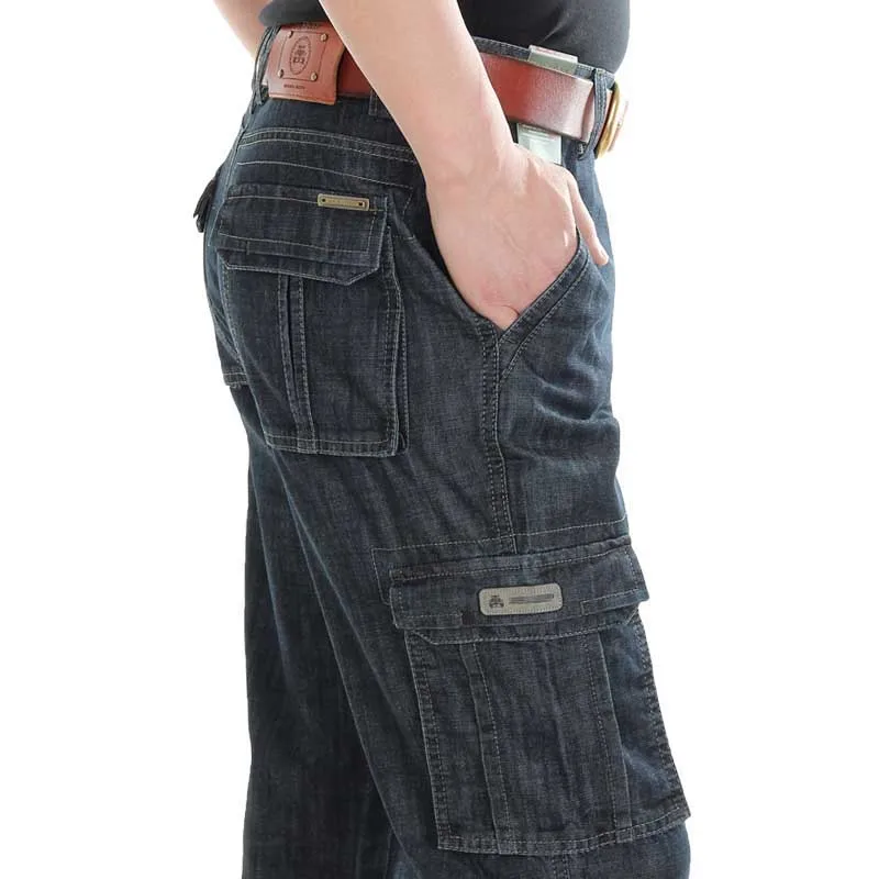 Сезон: весна–лето джинсы Брендовые брюки-карго с большим карманом Для мужчин джинсовые штаны Повседневное прямые свободные брюки-багги мужской хип-хоп джоггеры - Цвет: Black Blue