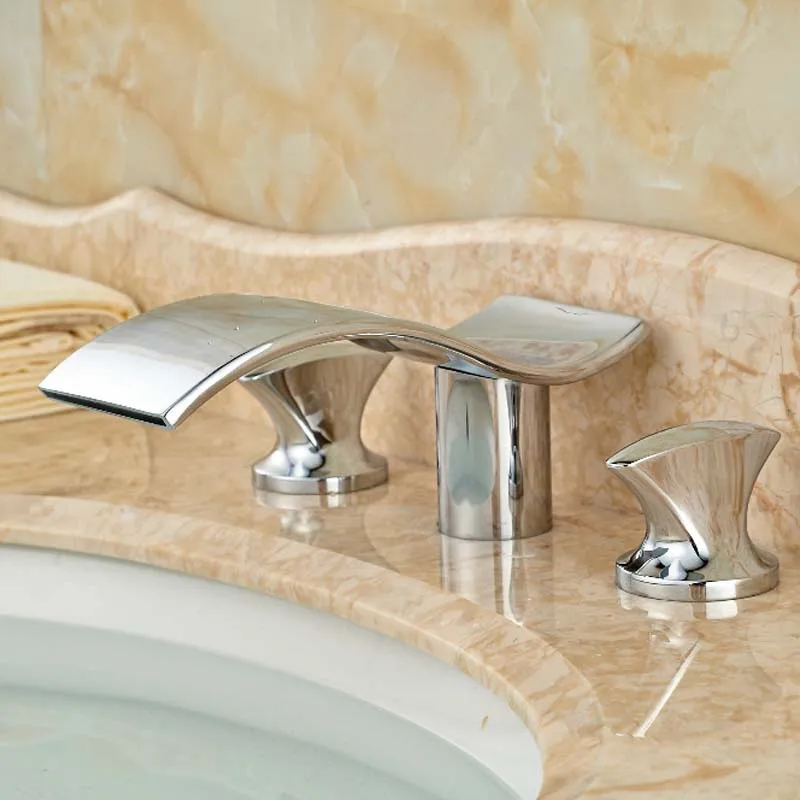 Modern Wave Shape Waterfall Bathroom Bath Tub Sink Faucet Deck Mount Dual Handles Basin Hot and Cold Mixer Taps