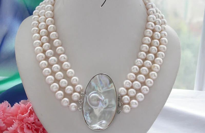 

z4141 3row 21" 11mm round white Freshwater cultured pearl necklace mabe pearl