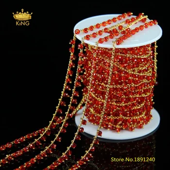 

5Meters 3x4mm Transparent Red Glass Beaded Chains,Faceted Rondelle Glass Wire Wrapped with Gold Copper Rosary Chain Supply HX108