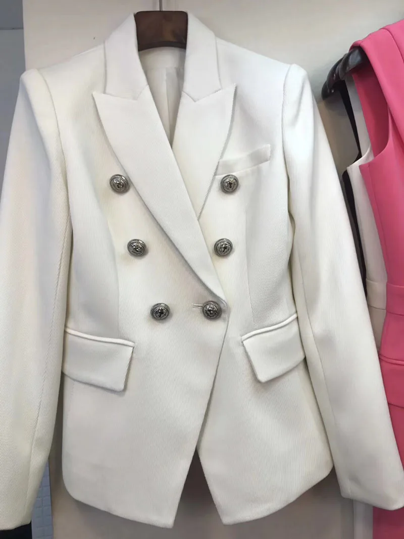 

TOP QUALITY !!!! Classic White Black Double Breasted Twill Blazer Suit Silver EMBOSSED BUTTONS For Woman 2019 Autumn NEW