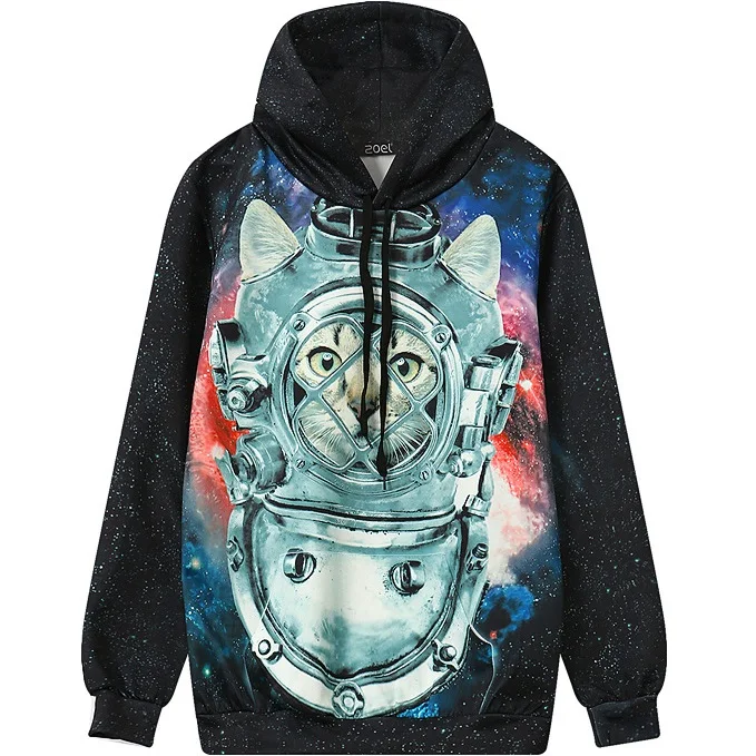 Femmes Capuche Harajuku Style Chat Astronaute Imprim Sweat Casual Pull Femme Sudaderas Mujer Noir A501