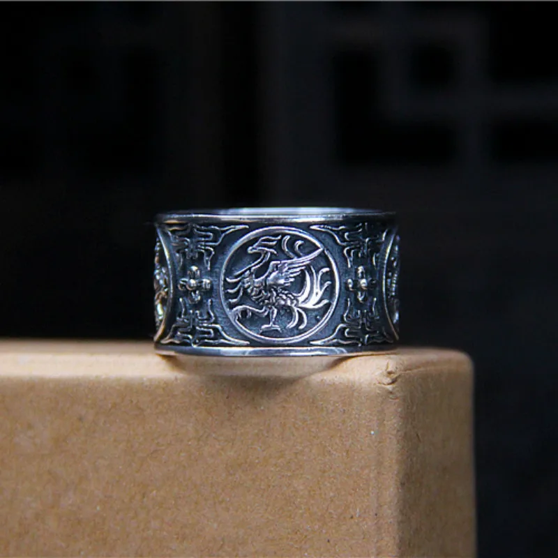 

Dragon, White Tiger, Suzaku, Basaltic Four Ancient Mythical Beasts of China S990 Sterling Silver Cool Rotation Ring For Men