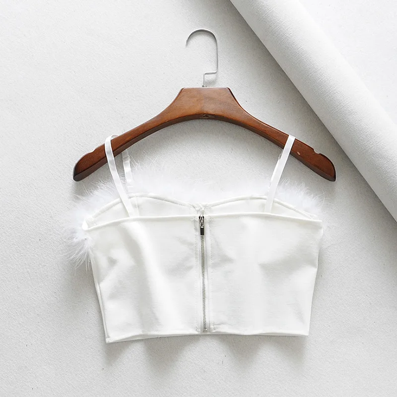 2019 women sexy faux fur Patchwork crop top V neck sleeveless back zipper camisole tank top short style female tops
