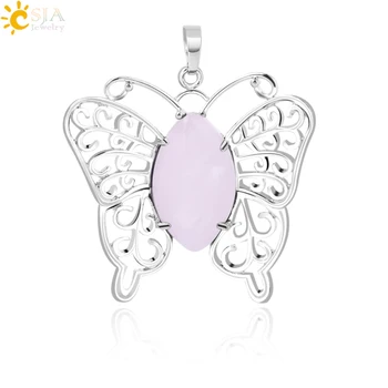

CSJA Fashion Butterfly Pendant Hollow Wings Animal Pendants Horse Eye Shape Natural Stone Quartz for Women Necklace Jewelry F768