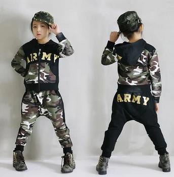 

2015 Spring Autumn children's clothing set Costumes kids sport suits ARMY Camouflage patchwork Hip Hop dance pants & sweatshirt