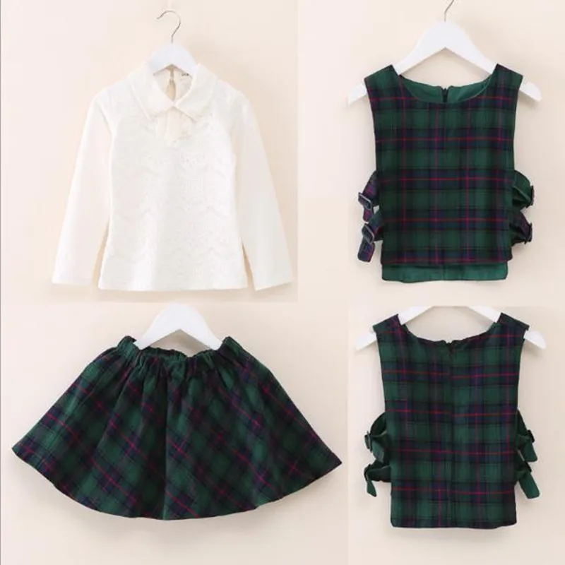 Girls White Shirt Plaid Waistcoat Skirts 3PCS Suit 1-8
