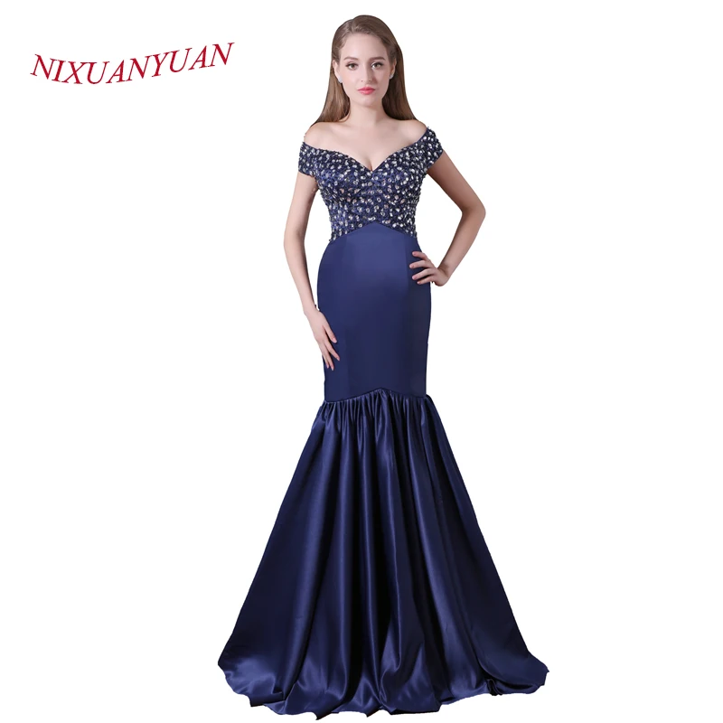 NIXUANYUAN Real Photos Navy Blue Stain Formal Gowns Beading Sweetheart Mermaid Evening Dress