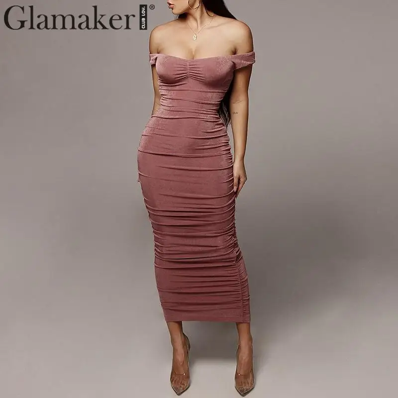 Glamaker, сексуальное трикотажное красное платье макси с открытыми плечами и баской, летнее женское элегантное облегающее вечернее платье, женское Повседневное платье
