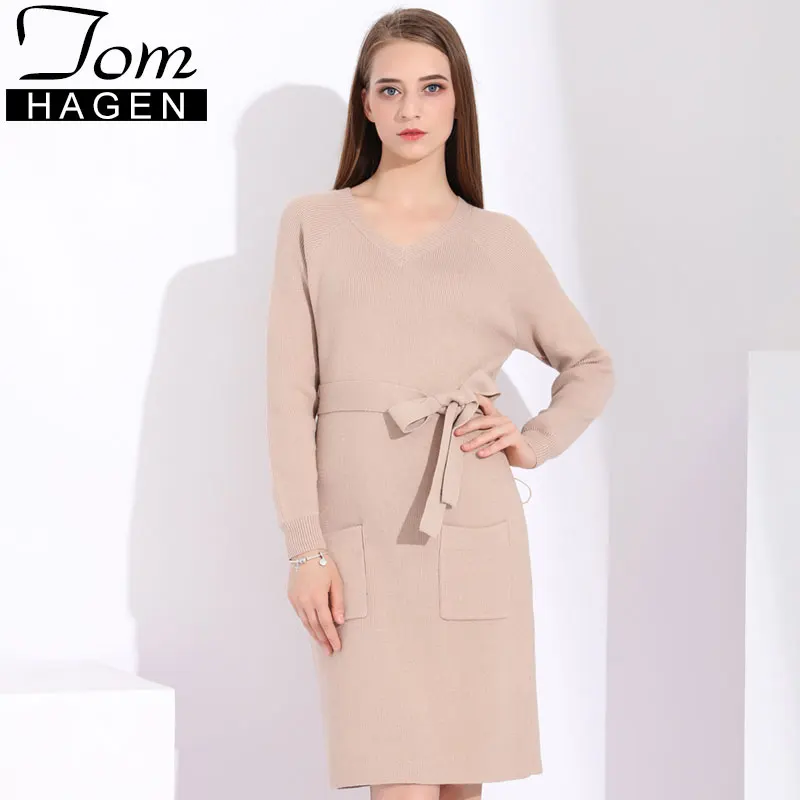 Long sleeve v neck ribbed sweater dress