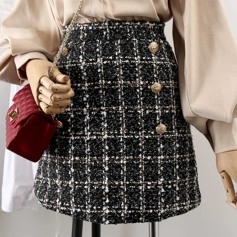 

2018 New Spring Autumn Women Button Design fashion Tweed Mini Skirt A001