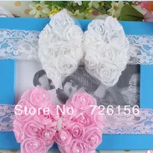 30 шт/партия мини-Роза жемчужный Бант Цветок с кружевной повязка на голову для малышей реквизит для фотографий
