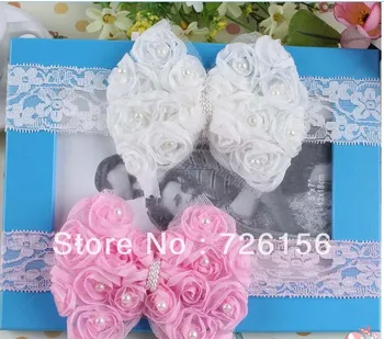 

30pcs/lot Mini Rose Pearl Bow Flower With Lace Headband Baby Hair Photo Props