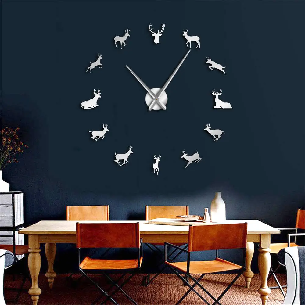 Online Cabeza de ciervo gigante DIY Reloj de pared, cazador de ciervos moderno asta de ciervo de reloj de pared de acrílico espejo efecto animales a casa Decoración
