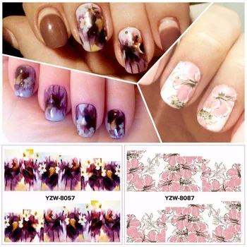 YZWLE 2 Patterns/Sheet purple&amp;pink flower Nail Art Water Decals Transfer Sticker YZW8057&amp;8087