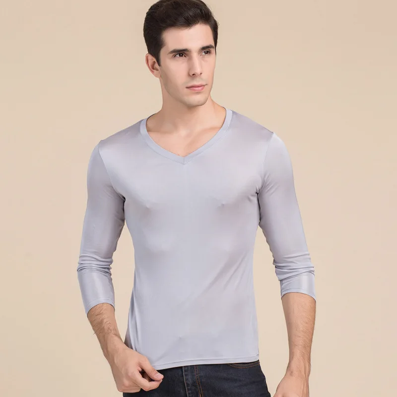 Skup Męska Jedwabna Podw oacute;jna Dzianina V Kołnierz Długi Rękaw T shirt 100% prawdziwy Jedwab męska Płaszcz Duże Kod Bluzka