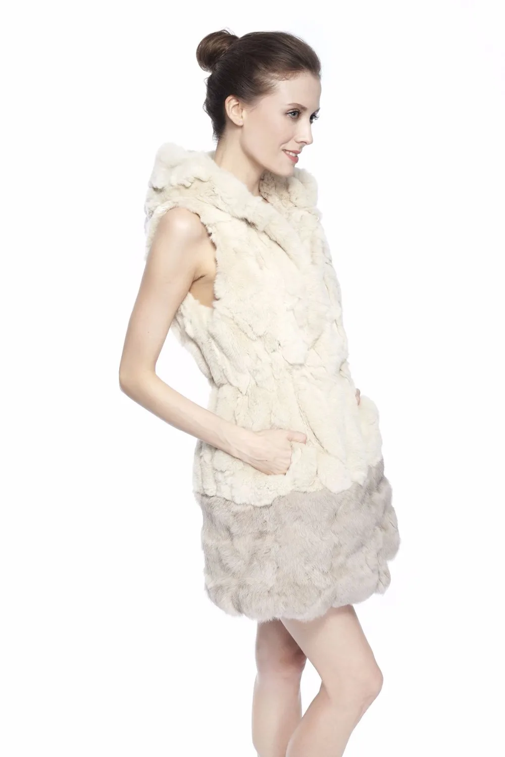 black puffer ZY88012 Women Elegant Real Winter Rex Rabbit Fur With Hooded Long Fur Vest Waistcoat Gilet Slim Fur Vest petite long puffer coat