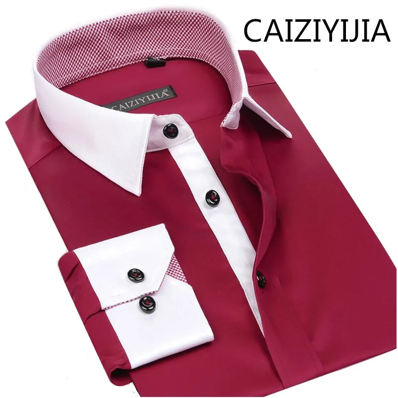 Caiziyijia Осенняя мужская мерсеризованная хлопковая шелковая рубашка с длинными рукавами модные цвета Лоскутная Camisa Social Masculina