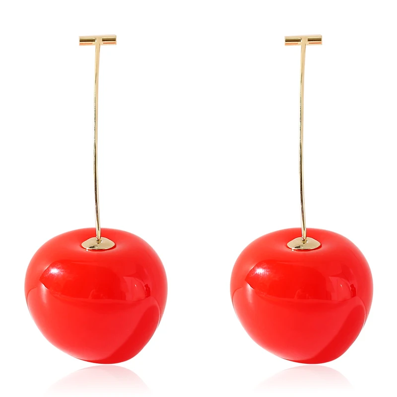 

Simple Lovely Red Tone Cherry Dangle Earrings For Women Hot Sale Artificial Fruit Gold Long Drop Earrings Jewelry
