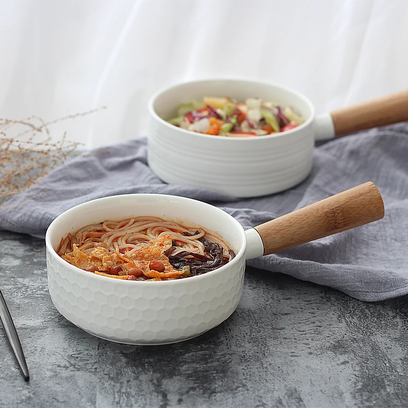 

Nordic porcelain wooden handle ceramic fruit salad bowl creative breakfast cereal Japanese soup rice noodle bowl plate tableware