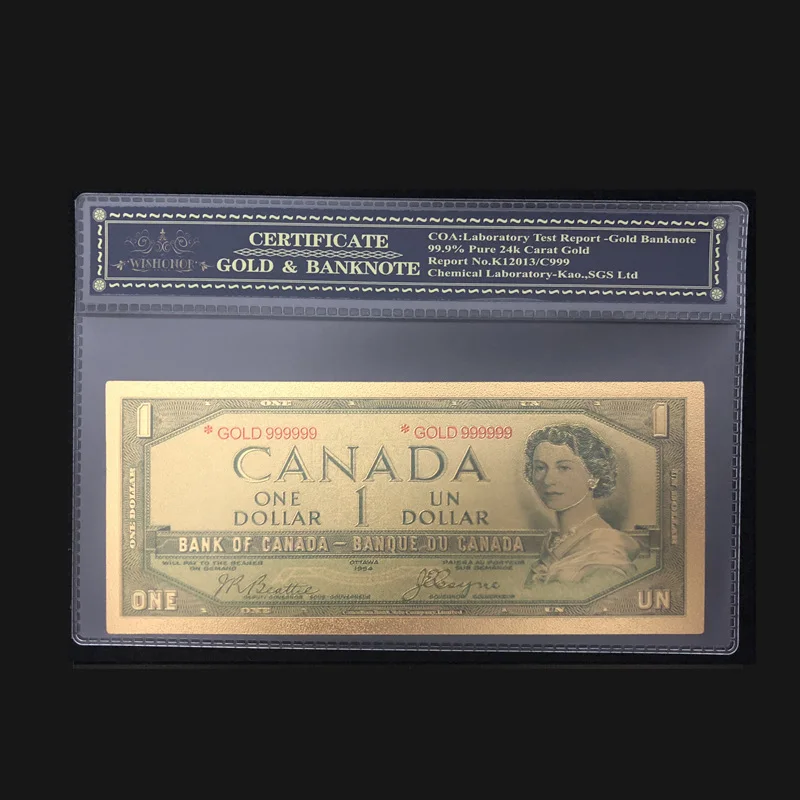 Лучшая цена для цветной канадской банкноты 1 доллар золото banknotes в 24 к 99.9% золото с пластиковой рамкой для подарка