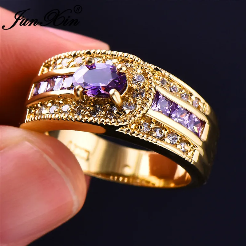 JUNXIN Мистик овальный камень фиолетовые кольца для женщин желтое золото заполненный квадратный циркон женские обручальные кольца большие роскошные турецкие ювелирные изделия - Цвет основного камня: Purple Ring