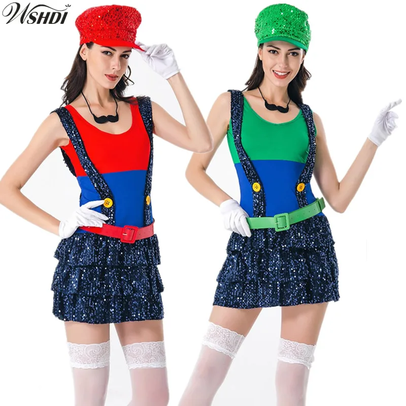 Adult Super Mario Costumes Women Luigi Clothing Sexy Plumber Costume