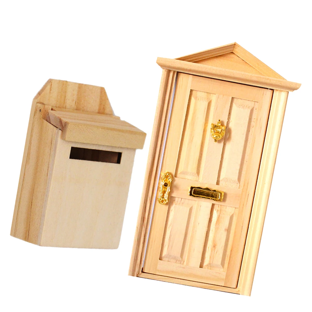 

1:12 Dollhouse Miniature Accessory Wooden 4 Panels Door Outwardly Open & Mailbox Natural