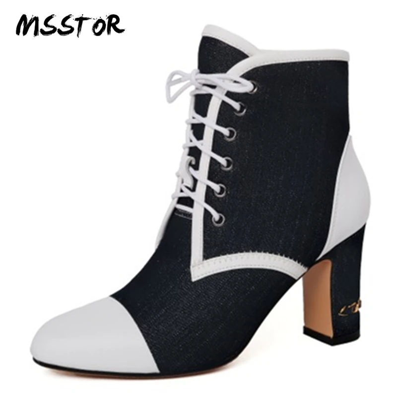 

MSSTOR Metal Decoration Lace Shoes Boots Women Fashion Round Toe Thick Heels High Heels Boots Women Mixed Colors Ankle Boots