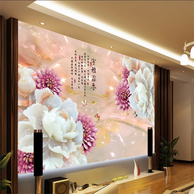 

Customized wallpaper mural Chinese style 3D handmade scenery with peony flower jade carving behind sofa as background livingroom