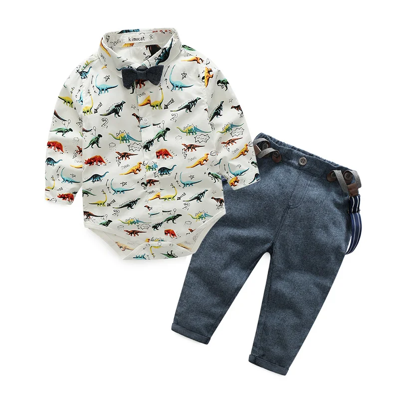 Baby Boys Clothes Sets Newborn Clothing Infant Toddler Outfits Dinosaur Print Gentleman Rompers Suspender Pants 2