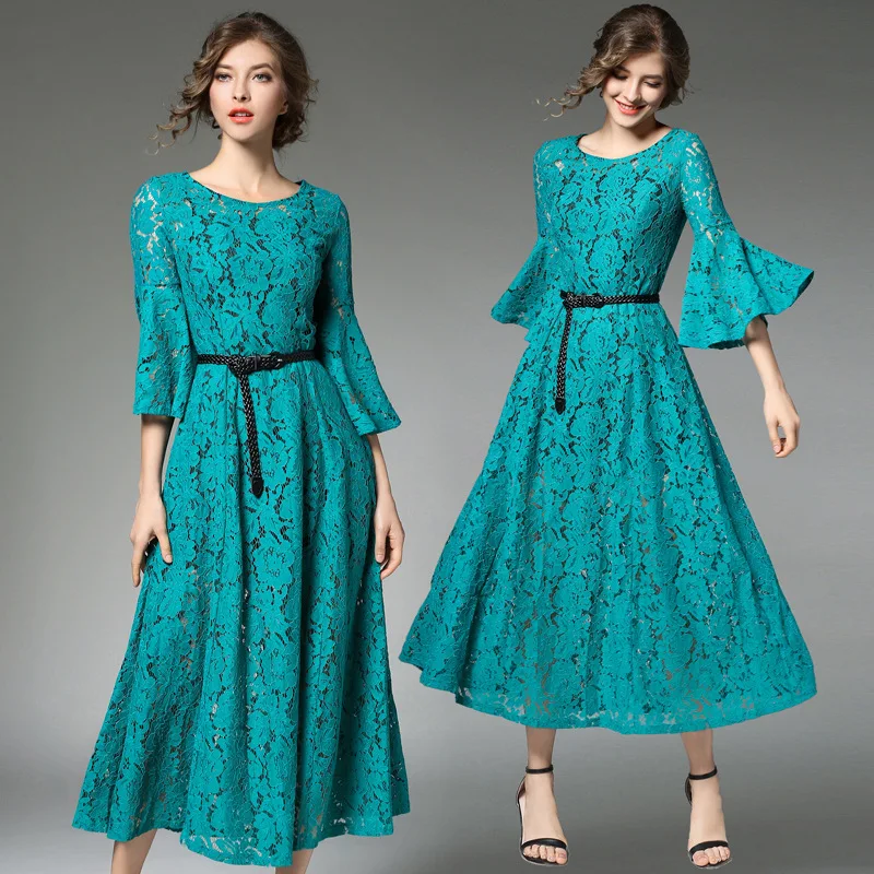

Europe early autumn retro temperament dress hollow lace dress