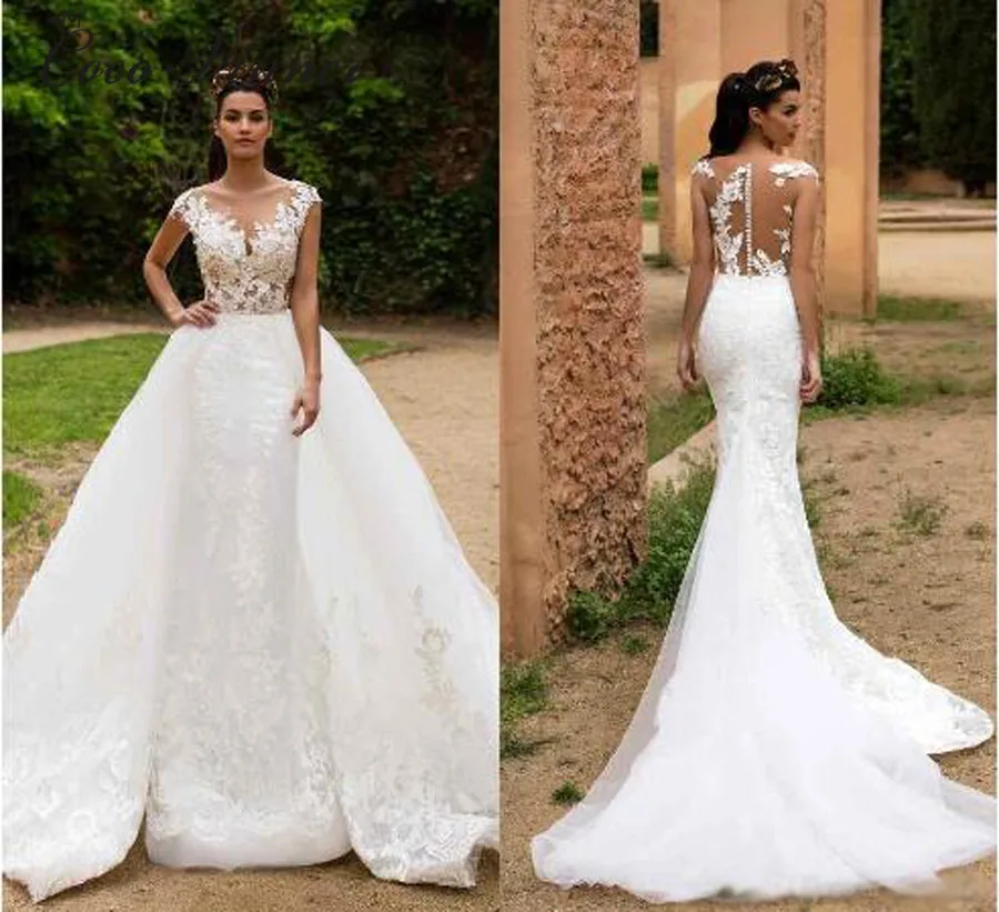 

Vintage Arabic Mermaid Wedding Dress with Detachable train Appliques Embroidery Fashion New Bridal Dresses Wedding Gown W0326
