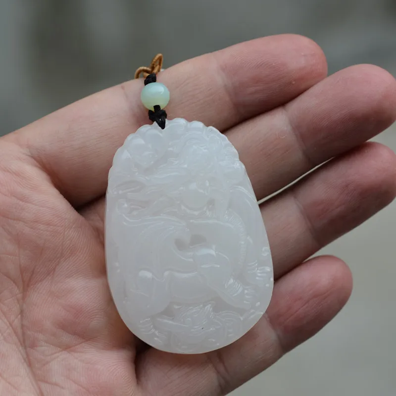 Natural White Afghan Jade Carved Dragon Pendant Free Rope Necklace