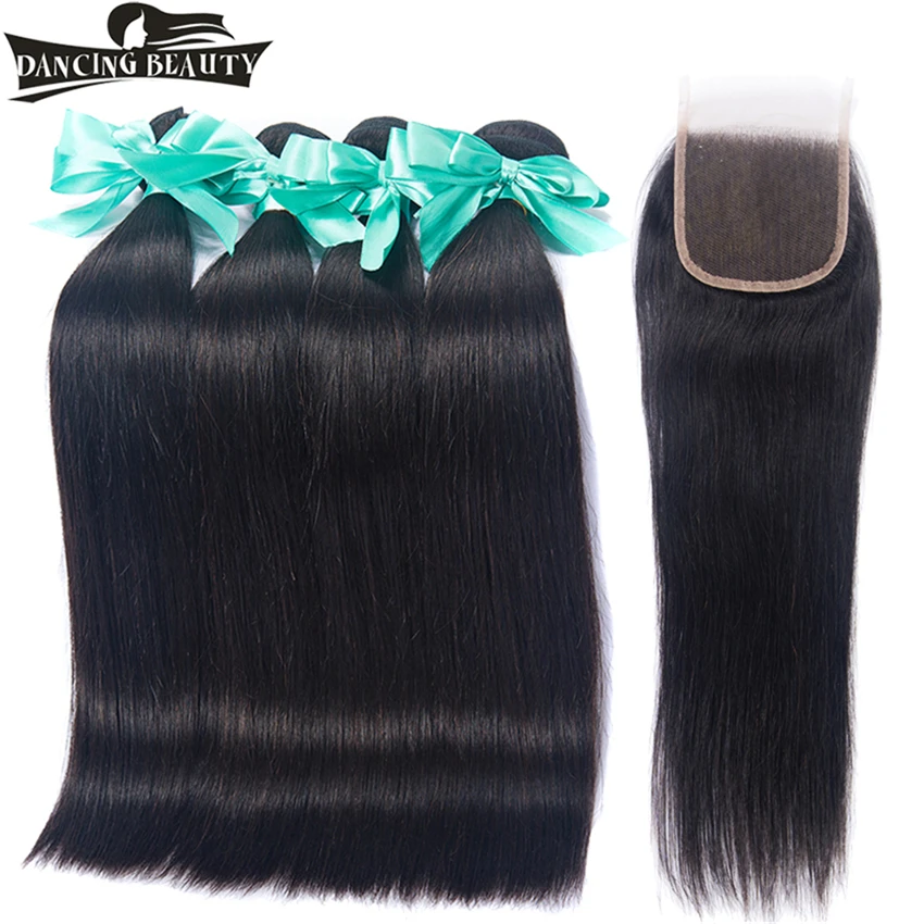 DANCING BEAUTY Pre-Colored Brazilian Straight Closure With 4 Bundles Non Remy Human Hair Weave Lace | Шиньоны и парики