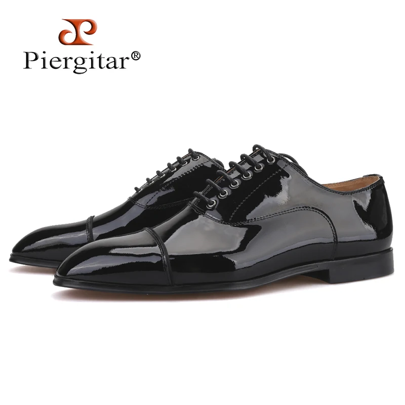 

Piergitar 2019 Handmade Black Parent Leather Men Dress Shoes Wedding and Banquet men red bottom shoes Lace-up Men Derby Shoes