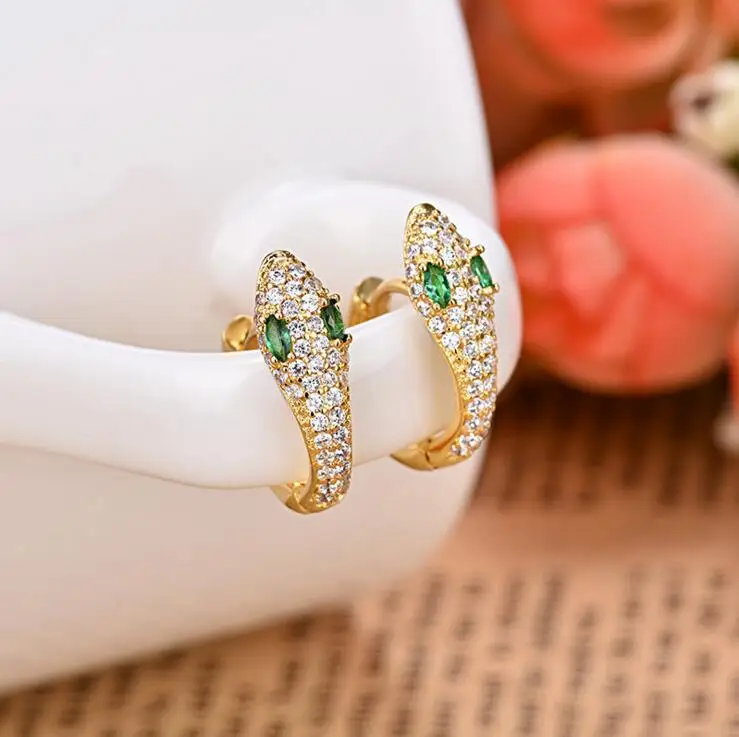 

high quality snake clip Rock micro pave cz green eye stunning fashion women lady animal cute gold color earring