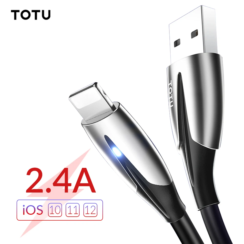 Usb кабель TOTU 2.4A светодиодный нейлоновый для iPhone 11 Pro Max XR X Xs 5 5S 6 6s 7 8 Plus шнур быстрой
