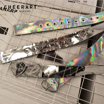 

Cheerart Holographic Punk Rock Belts For Women Silver Laser Leather Belt Buckles Street Fashion Style Waist Belts