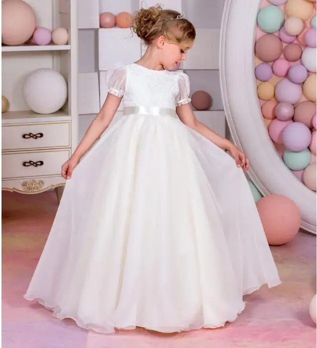 

Girls Wedding Formal Dresses 2018 Autumn Chiffon Birthday Ball Gown Flowers Girls Princess Dress Kids Prom Party Dresses White
