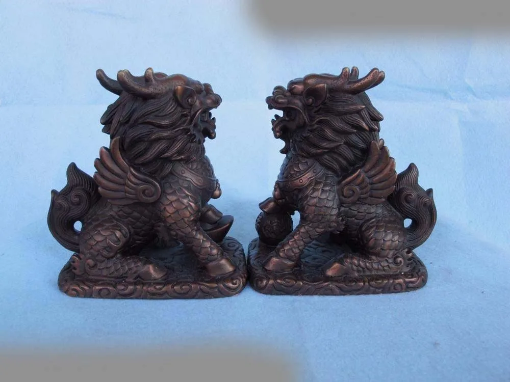 

5 Chinese Royal Palace Red Bronze Copper Fengshui Evil Kilin Kylin Pair Statue