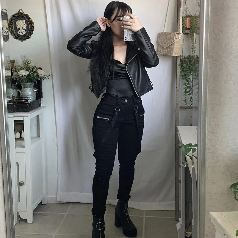 Gothic harajuku zipper streetwear women casual harem pants with chain solid black pant cool fashion hip hop long trousers capris Gothic harajuku zipper streetwear women casual harem pants with chain solid black pant cool fashion hip hop long trousers capris