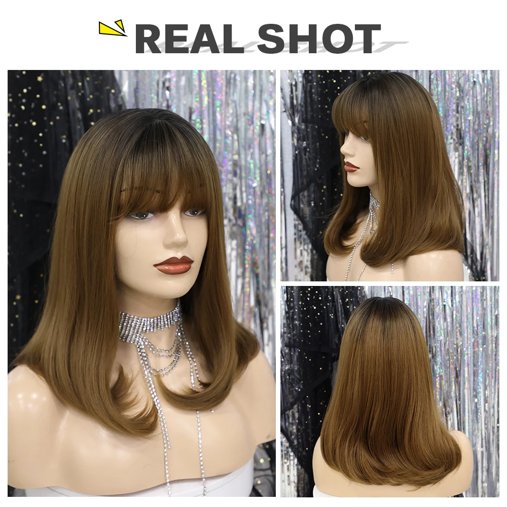 Elemento 16 pulgadas peluca sintética con flequillo titular Natural Ombre Color marrón moda Cosplay fiesta pelucas de repuesto para mujer