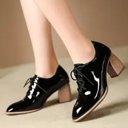 Женские оксфорды из натуральной кожи на высоком каблуке со шнуровкой; женские удобные модельные туфли-лодочки в стиле ретро; удобная обувь
