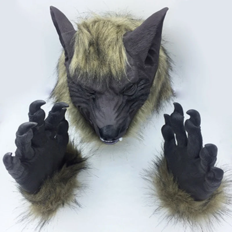 

Cosplay Creepy Full Face Wolf Latex Mask and Wolf Claws Theater Prank Prop Crazy Masks Halloween Costume Party Supplies